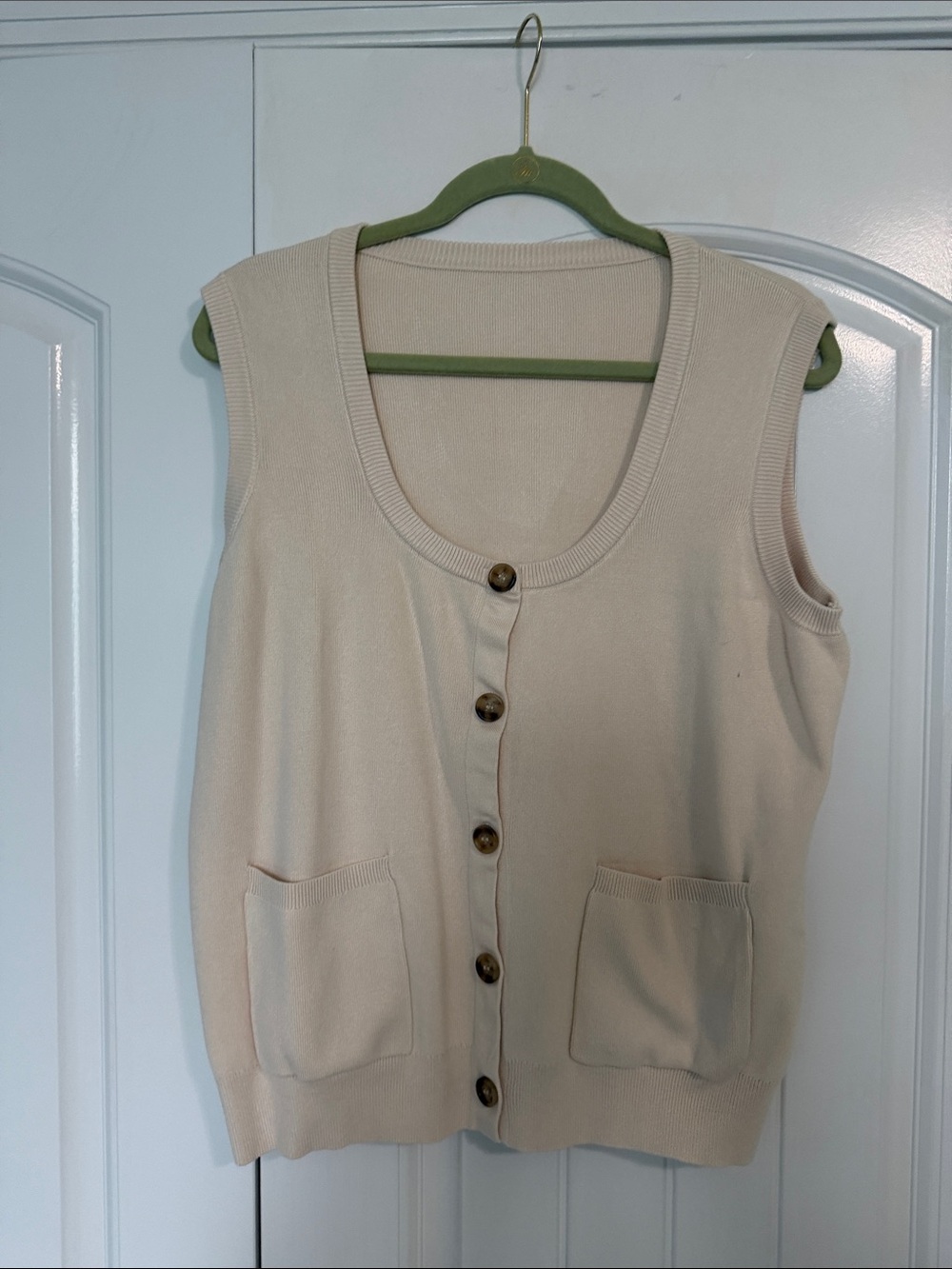 Cream Button-Front Knit Vest with Pockets